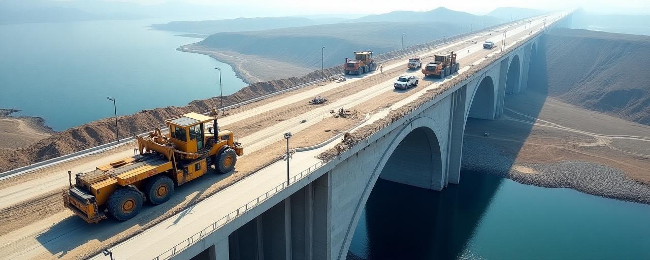 Flygfoto över en stor bro under konstruktion med moderna byggmaskiner, symboliserande infrastrukturprojekt.